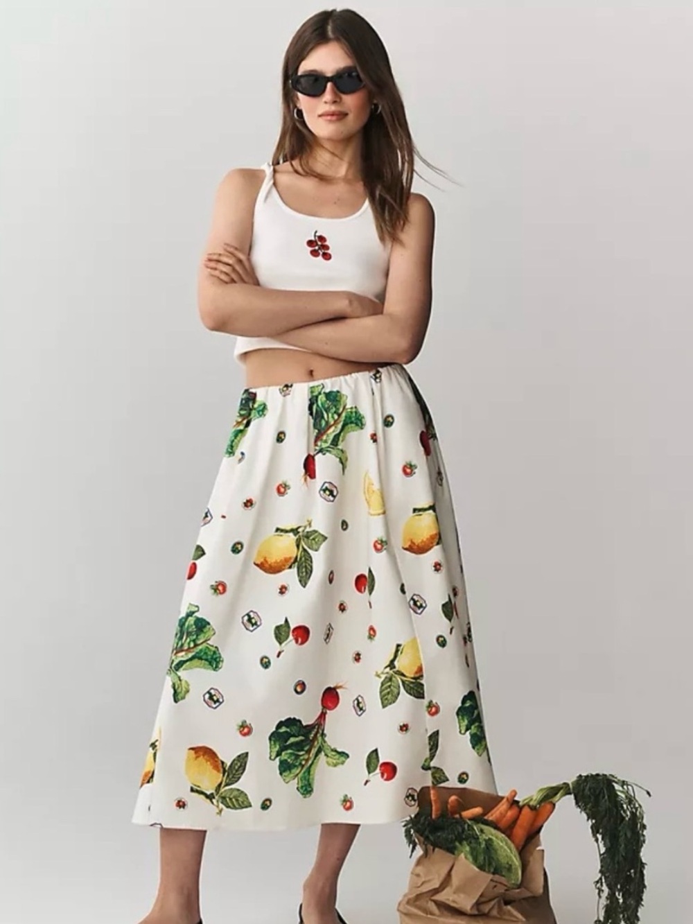 (NWT) Maeve by Anthropolgie white A-Line skirt w lemons 🍋 radishes 🫜 - XS petite
